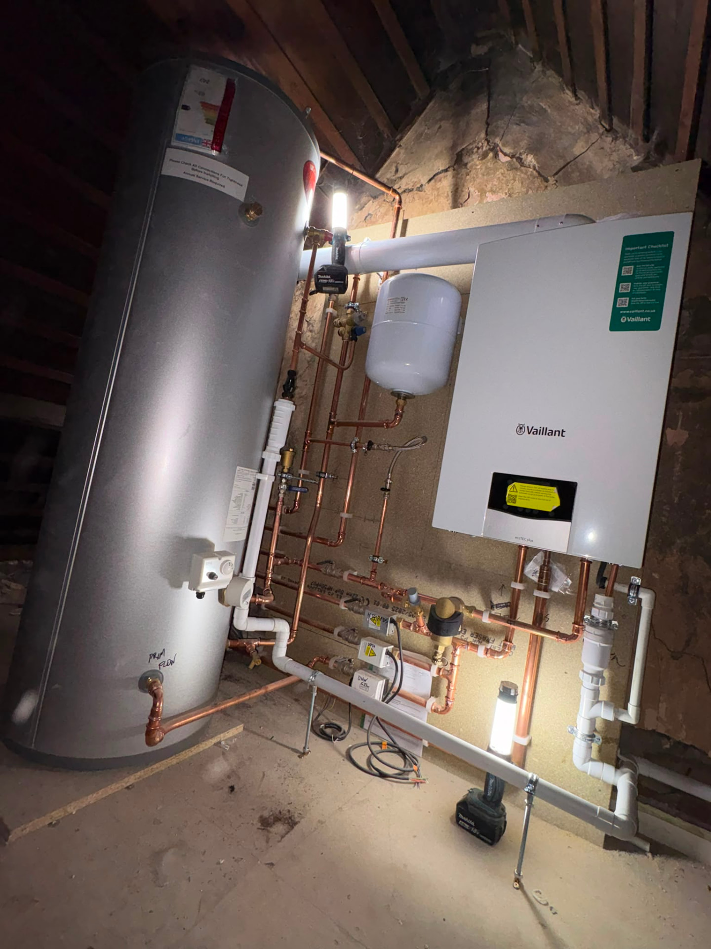 Loft installation with Vaillant system boiler, unvented cylinder and copper pipework